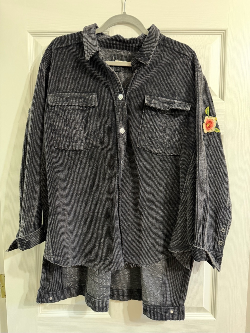 Free People Charcoal Gray Corduroy Teddy Jacket with Floral Sleeve Patch